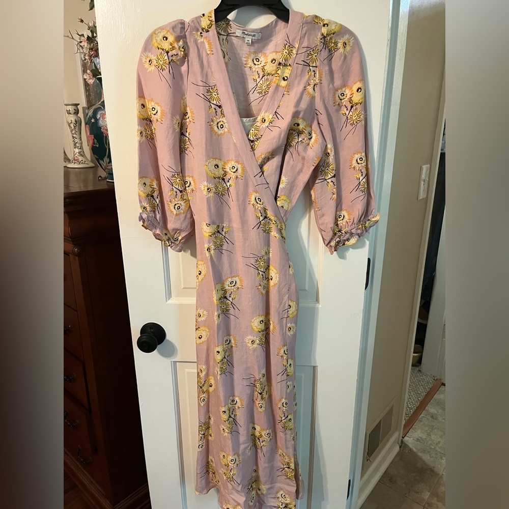 Madewell linen blend ruffle cuff wrap dress in Dutch dandelions